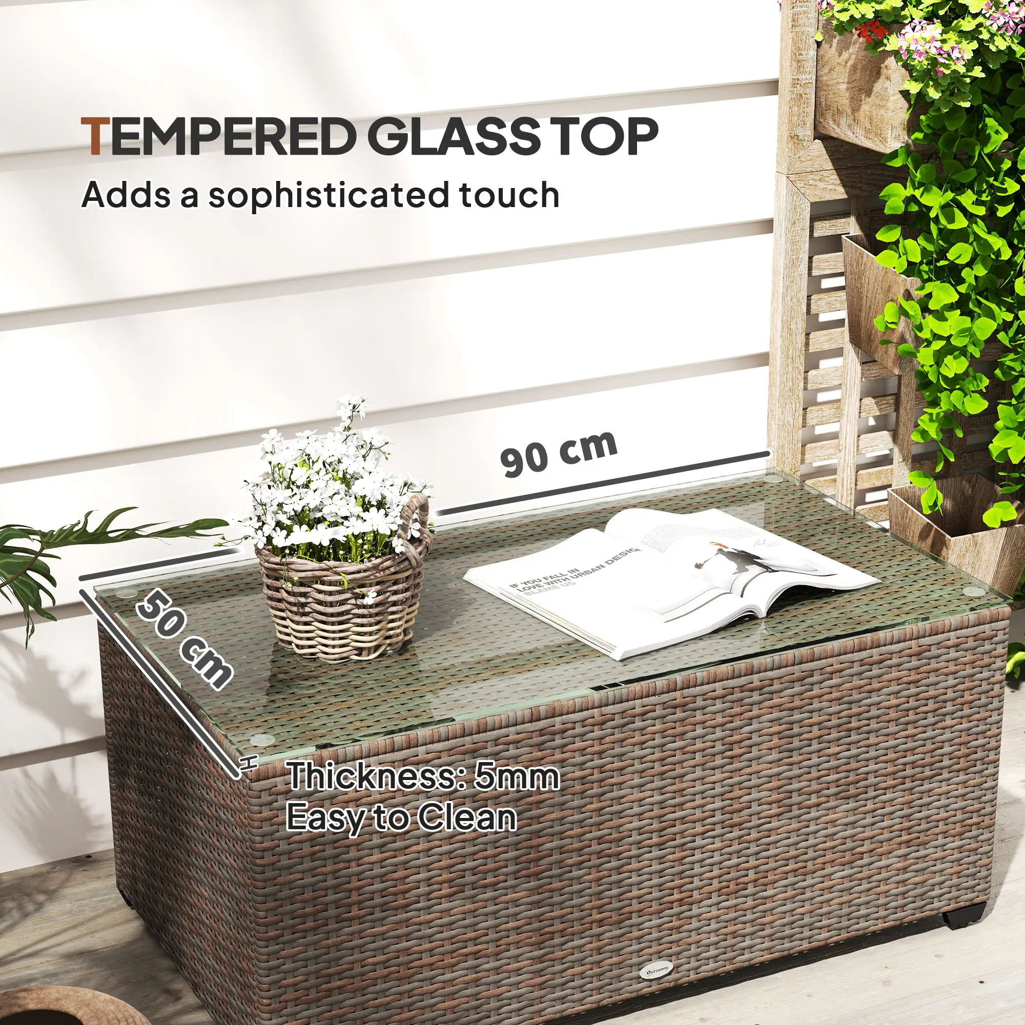 Outsunny Outdoor Coffee Table, PE Rattan Side Table with Tempered Glass Top, Wicker Square Garden Coffee Table End Table