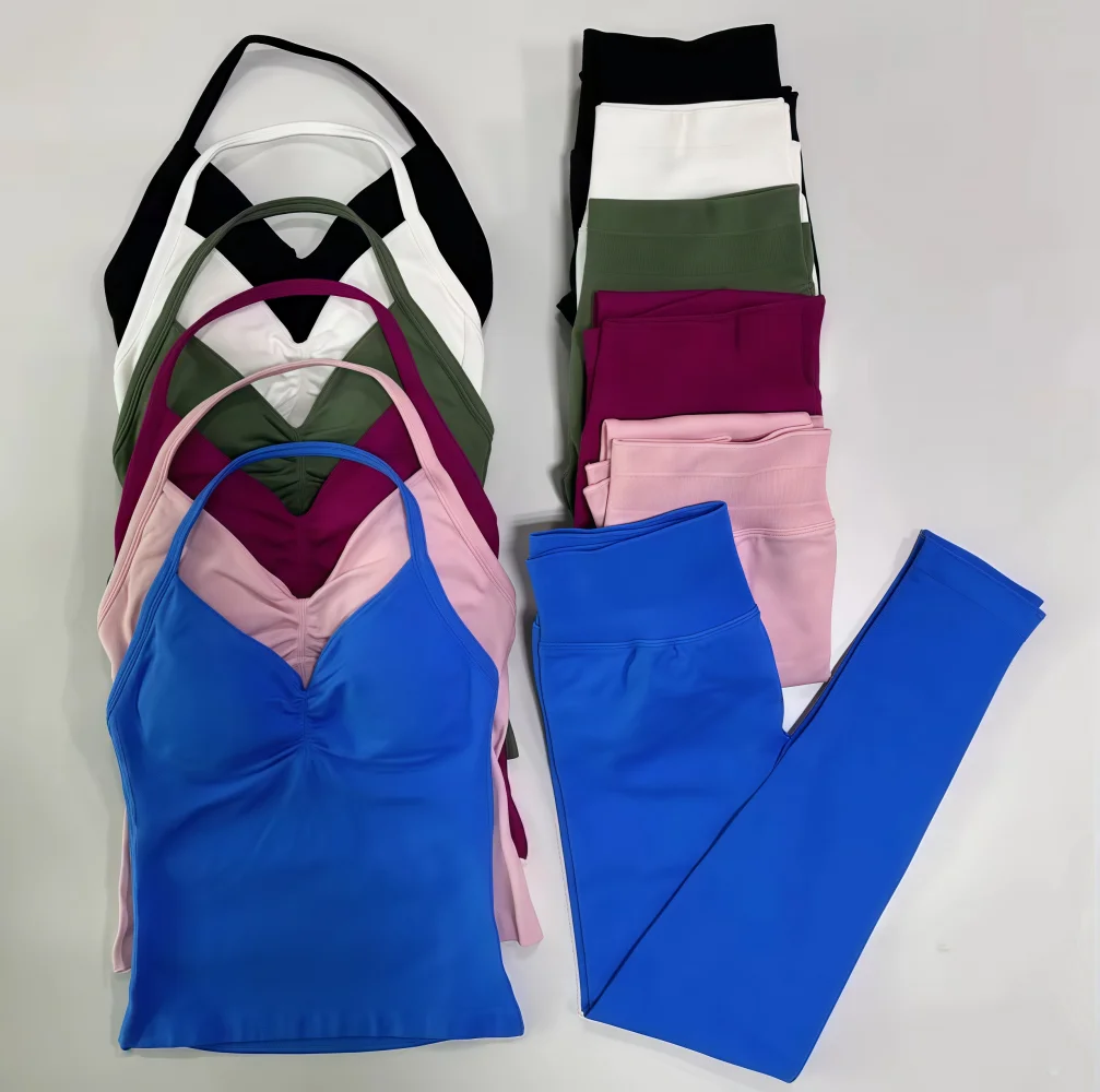 

Комплект из 2 предметов для йоги, женские леггинсы для тренировок в тренажерном зале и майка для шеи, бесшовный комплект для йоги и фитнеса, одежда для пилатеса, спортивная одежда для тренировок