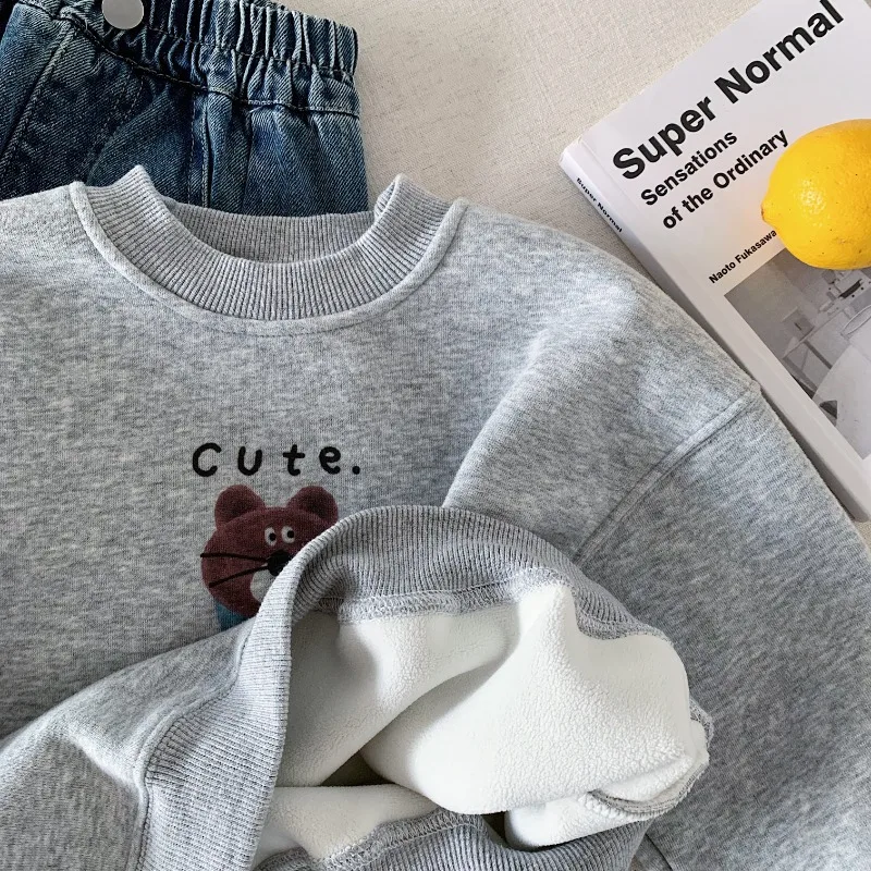 2026 Winter New Children Fleece Warm Cartoon Sweatshirt Boys Girls Long Sleeve Casual Tops Kids Plus Velvet Thick Pullover