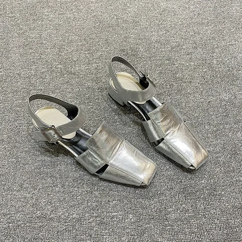 Comemore Summer Hollow Out Women Sandals Silver Chunky Pumps Luxury Design Buckle Strap Slingback Gladiator Rome Shoes traf