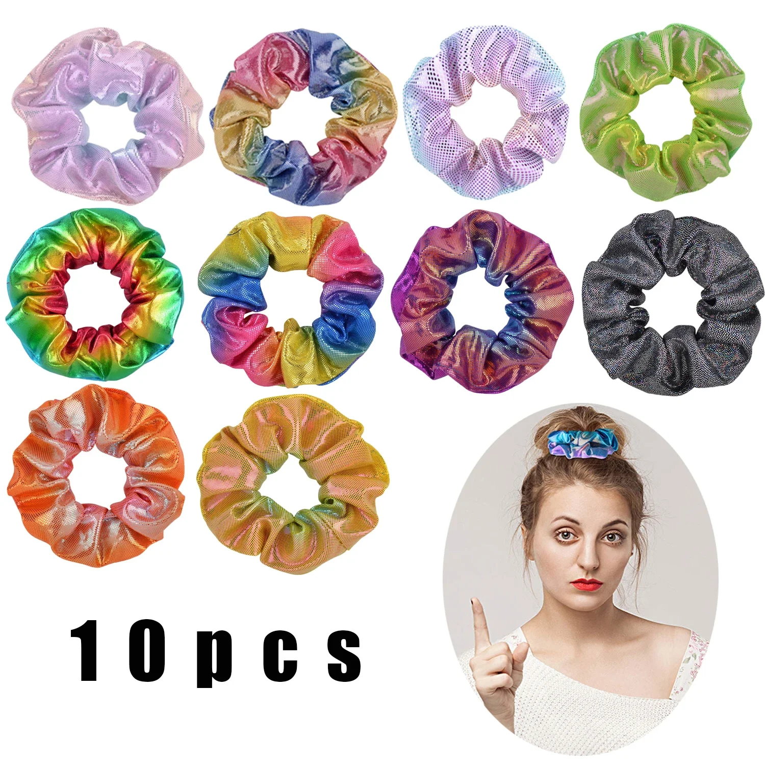 

10 Pcs Set Of Shiny Laser Hair Scrunchies Hot Stamping Hair Ties Gradient Ponytail Braid Headband Elastic Girls Hair Accessories