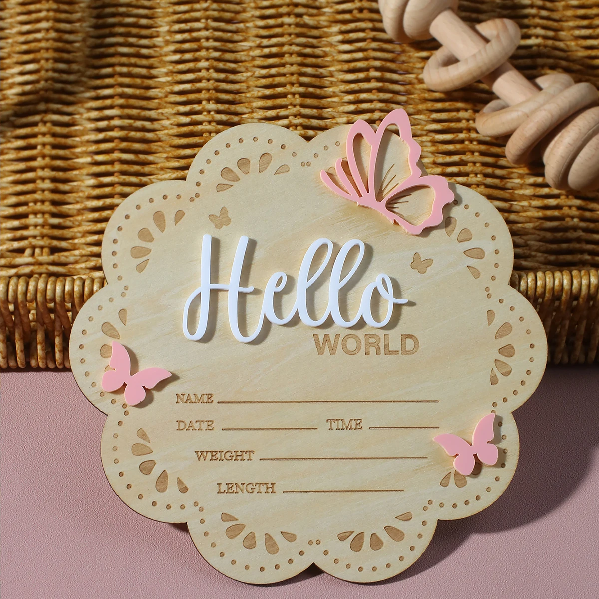 Ylsteed hello world newborn arrival name sign dusty pink butterfly deco baby birth announcement sign for hospital newborn props