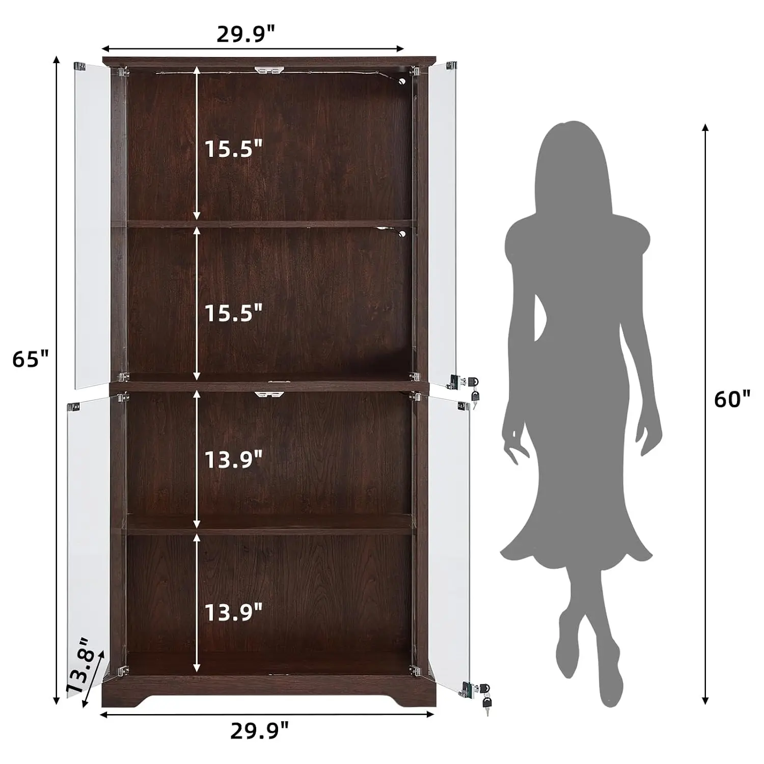 Farmhouse Glass Display Cabinet with Lock Walnut Wooden Curio Storage 3-Color Motion-Sensor Light Reinforced Base, Customized