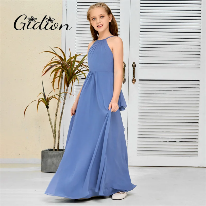 Chiffon Bridesmaid Dress com cintas de espaguete para crianças, cerimônia de casamento, aniversário, concurso, banquete de celebração Junior