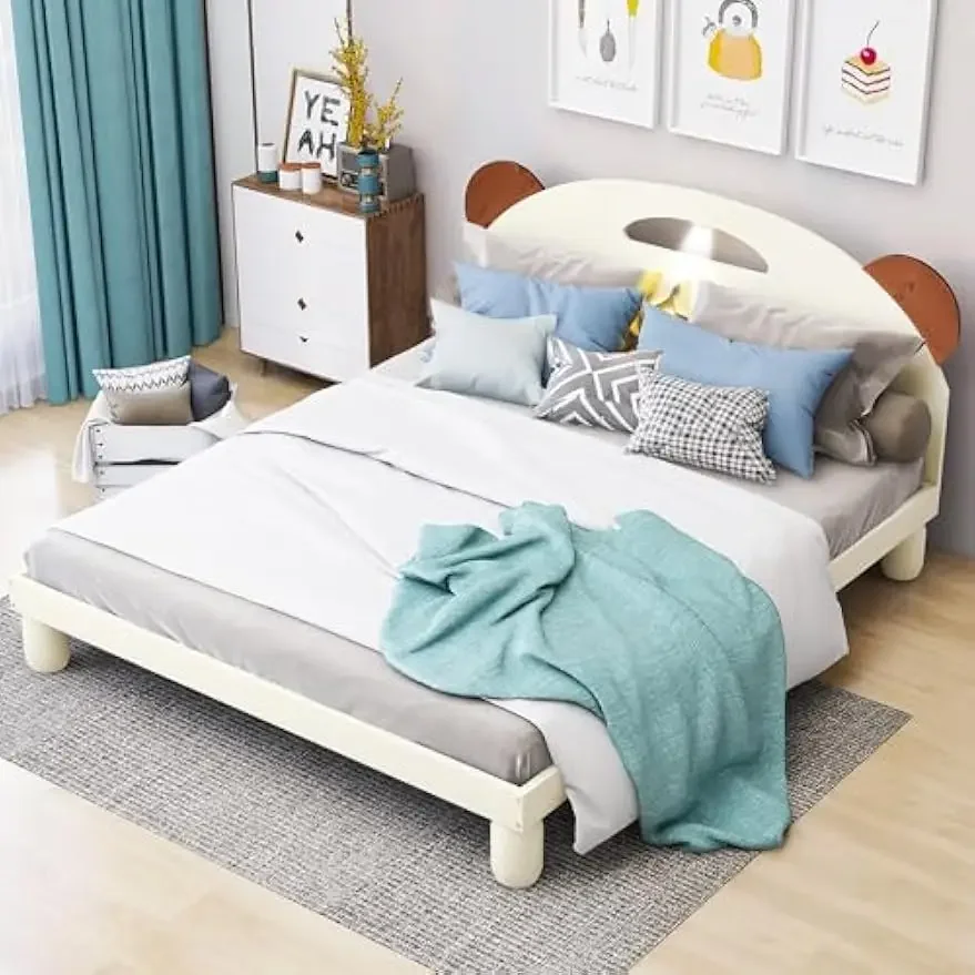 Tempat tidur Platform ukuran penuh dengan telinga beruang berbentuk Headboard dan LED, untuk anak-anak remaja dewasa kamar tidur, rangka tempat tidur dengan pagar pengaman,