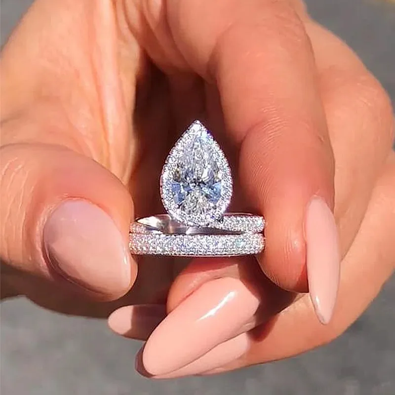 

Luxury 925 Sterling Silver Pear Waterdrop Shaped Cubic Zircon Crystal Rings for Women Gorgeous Wedding Accessories Bling Jewelry
