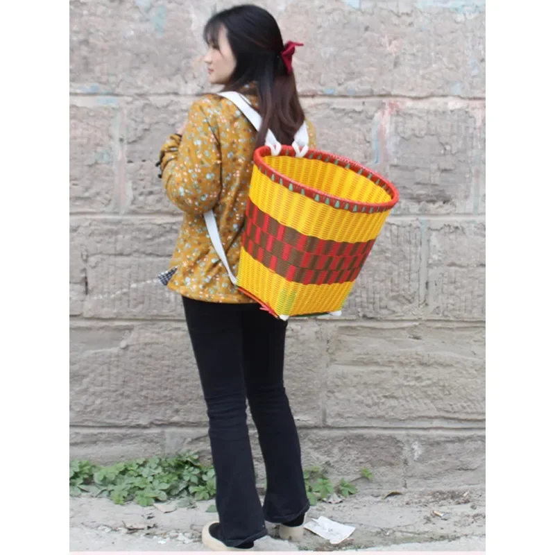 

Backbasket, plastic rattan woven, handmade, ethnic style, grocery shopping, household, agricultural, carrying basket, dancing,