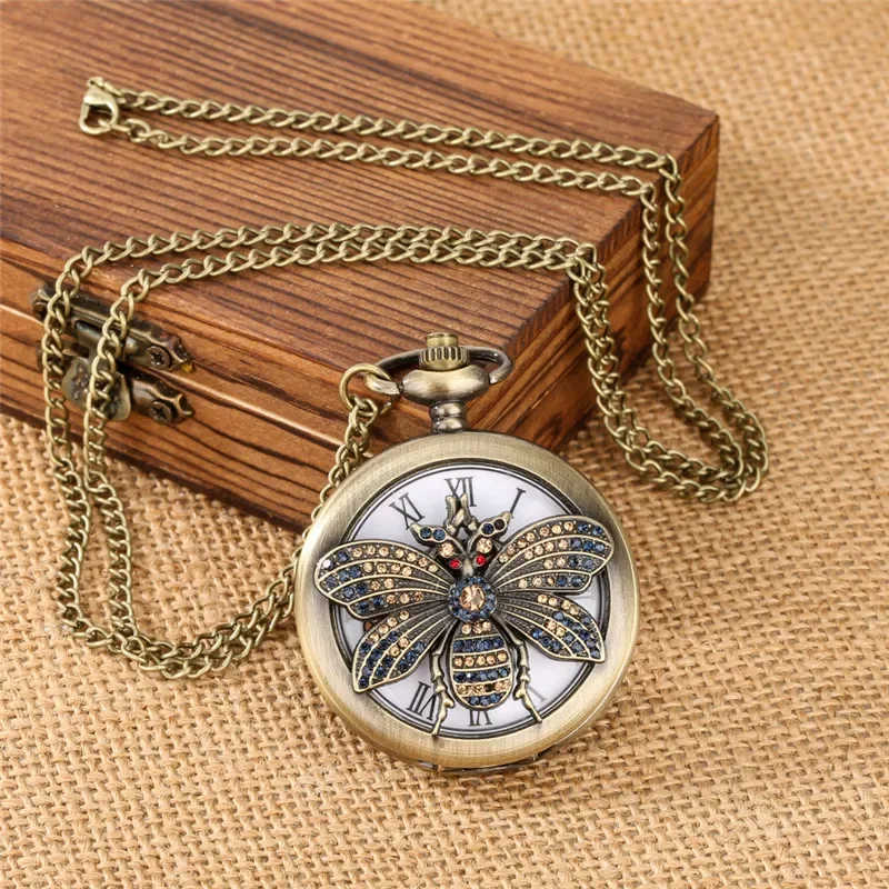 Antique Style Hollow Out Bee Cover Roman Number Quartz Analog Pocket Watch for Men Women Necklace Pendant Chain Clock Timepiece