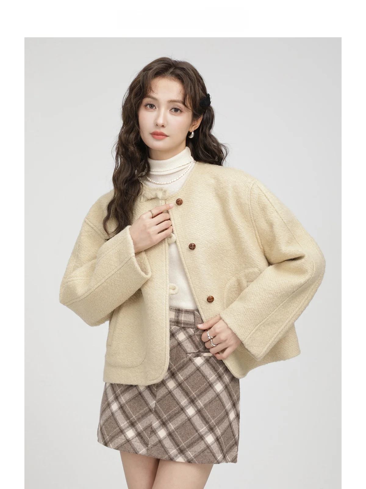 

Korean Sle ort Thiened Winter Outerwear Women's Loose Personali Quali round Ne Button Long Sve Coat