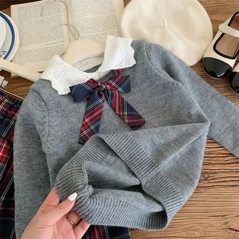 New Kids Boutique Clothes Girls JK Preppy Style Gray Sweater + Plaid Skirt 2-piece Set Kawaii Knitwear Baby Girl Outfit Set 2-7y