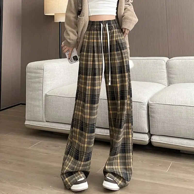 

Женские клетчатые брюки с высокой талией, осень-зима, корейские прямые брюки в стиле ретро, свободный крой, трендовые широкие брюки на шнурке, Mujer
