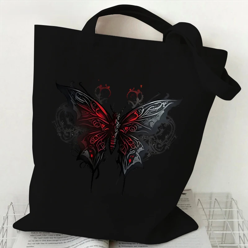 Vintage Gothic Sun Moon Butterfly Print Women Canvas Tote Bag Fashion Casual Shopping Handbag Butterfly Lover Teen Shoulder Bag