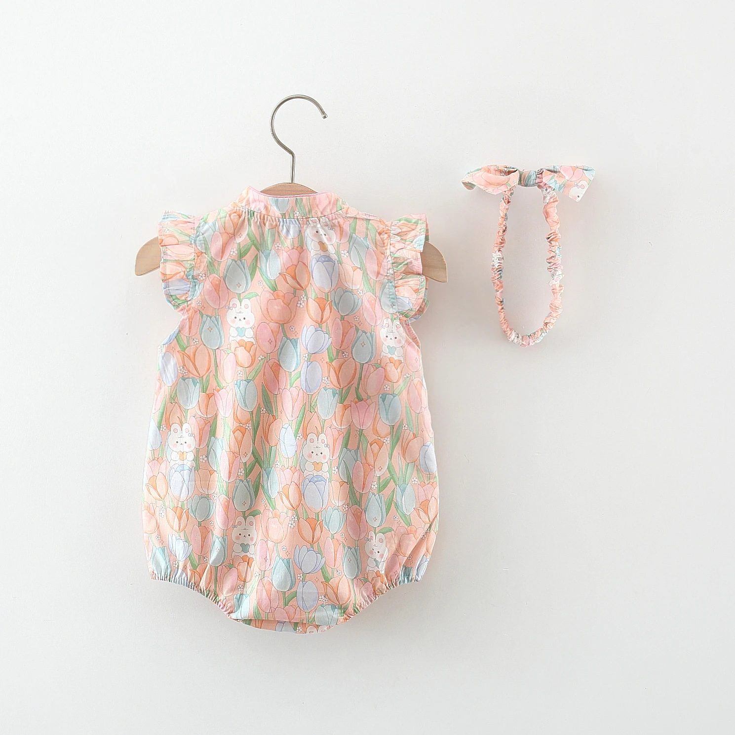 Summer New Baby Crawling Clothes Pink Rabbit Print First Year Dress Small Flying Sleeve Cheongsam Bow For Baby Girls