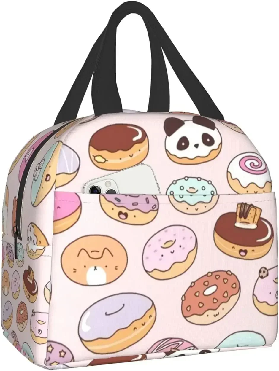 Kawaii Donuts Insulated Lunch Bag Reusable Lunch Box for Girls Cooler Lunch Tote Bag with Front Pocket for School Picnic Office