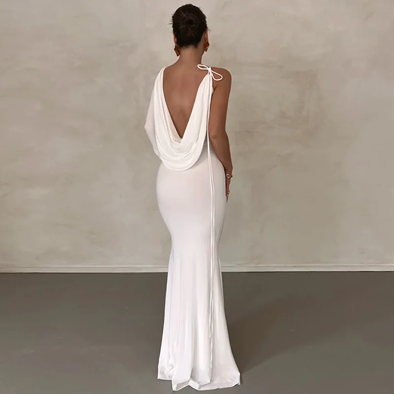 

One-Shoulder Pleated Women's Autumn Evening Dress Loose Backless Bandage Gown Elegant White Black Lace Up Party Skirt New Design