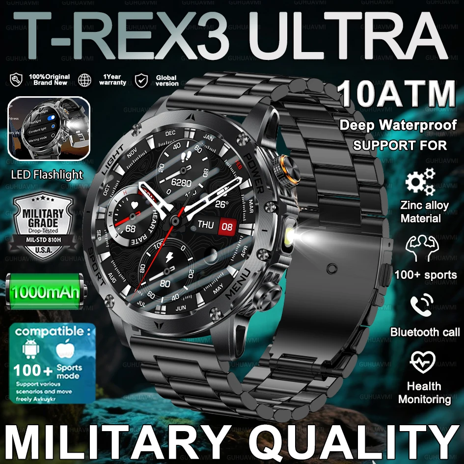 1000mAh Super Capacity Battery Adult Men Smart Watch HD 1.7-inch Large Screen Call 10ATM Waterproof Flashlight Sports Bracelet