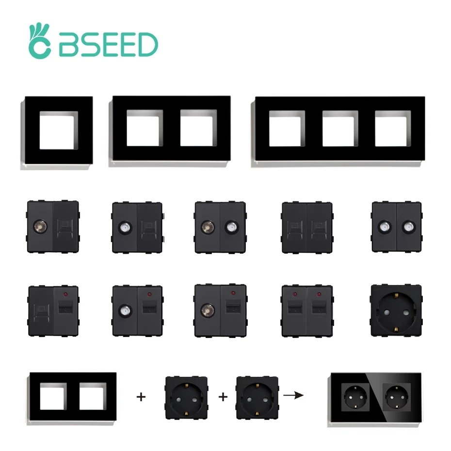 BSEED EU Standard Glass Panel Socket Frames Dual USB Wall Plug TV ST Internet Socket Electric Outlets DIY Parts Free Combinatio