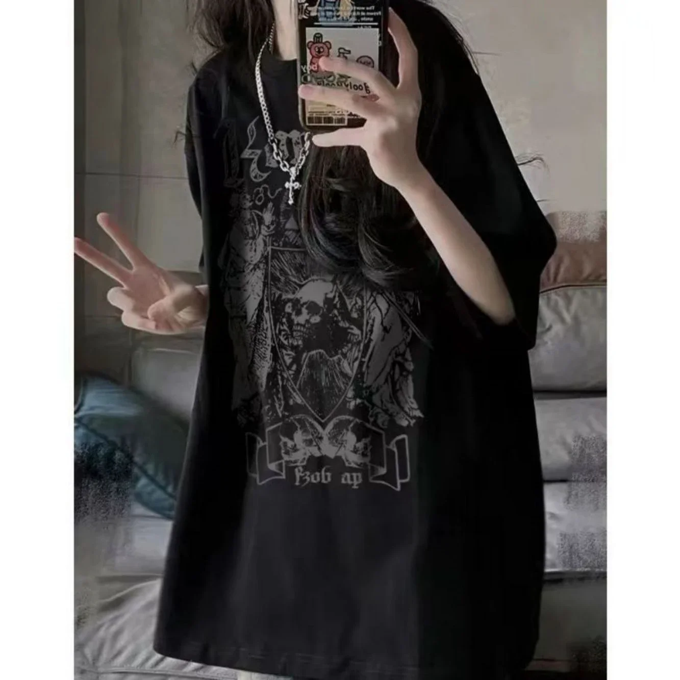 Summer Japanese Ins Dark Cartoon Angel Girl Print Loose Black Short-Sleeved T-Shirt Female Student Top