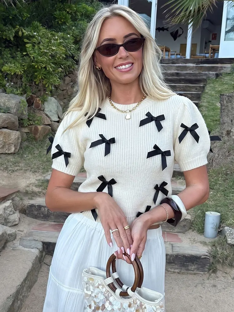 HH Minimalist Womens Pullover White Sweaters With Black Bow Casual Office Workwear Weekend Fashion Party Short Sleeve Sweater