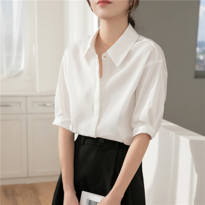 Women Summer Simplicity Slim Appear Thin Solid Color Square Collar Short Sleeve Shirts Women Clothes Casual All-match Trend Tops