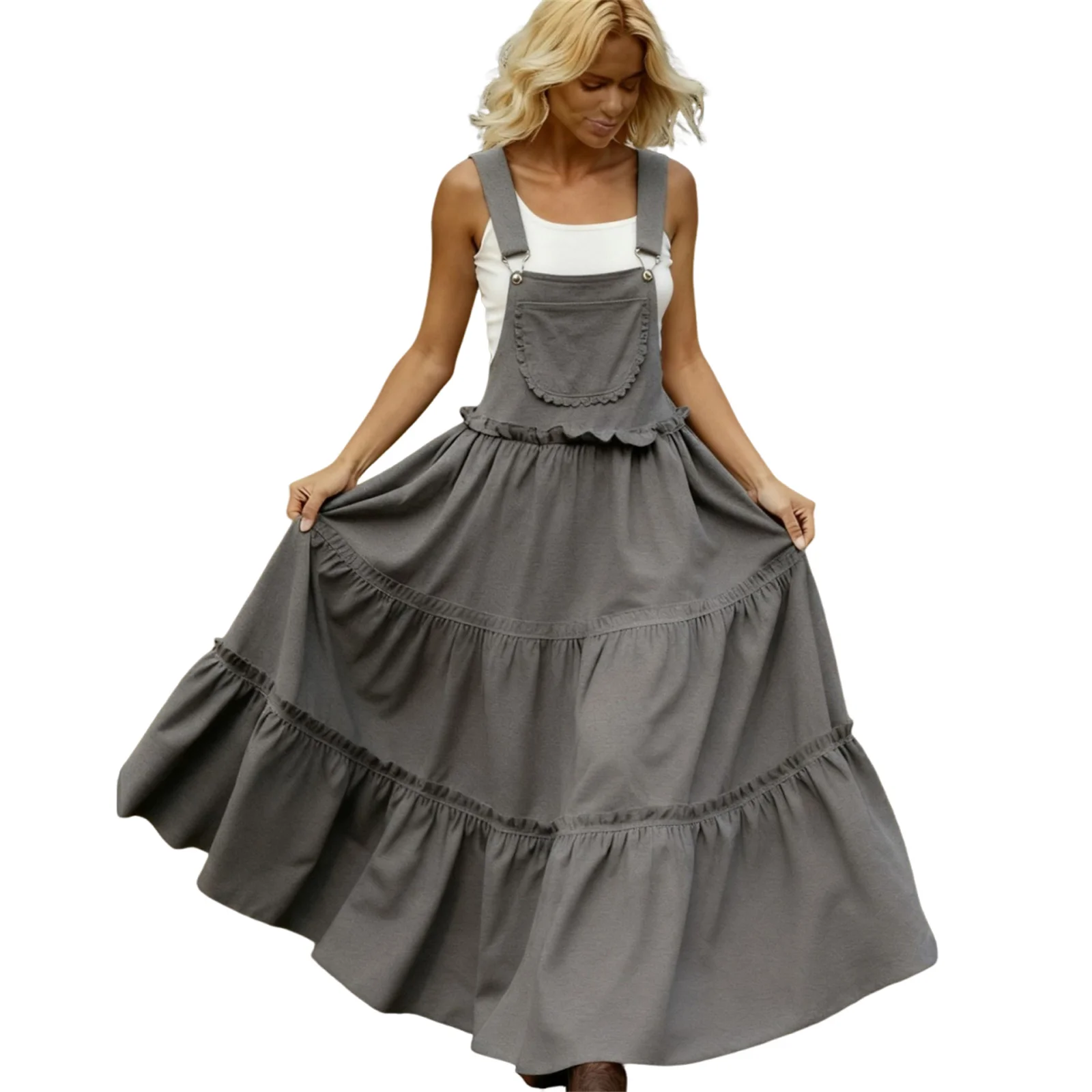 Bohemain Style Loose Adjustable Straps Long Dress for Women Fashion Polka Dot Checkered Casual Travel Skirt Vintage Dress