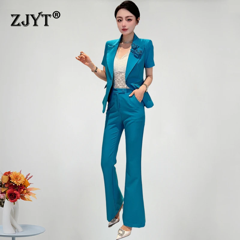 

ZJYT Office Lady Blazer Suits Pant Sets 2 Piece Women Short Sleeve Jacket and Trousers Set White Outfit Spring Summer Work Wear