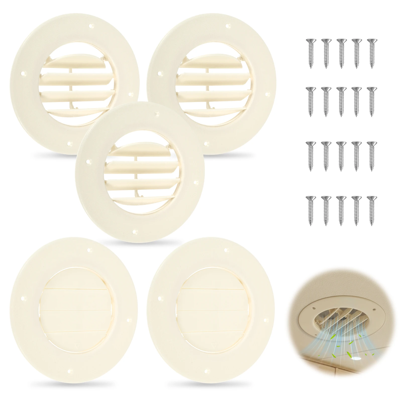 

5Pack 6.5" RV Ceiling Vent Cover for Inside Camper RV AC Vent Cover Replacement Fits 4-5/8" Ducts with Rotatable Louver