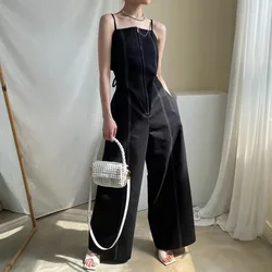 Black Camisole Jumpsuit With Women'S Design Sense, Zippered Open Thread Double Pocket Camisole Wide Leg Pants