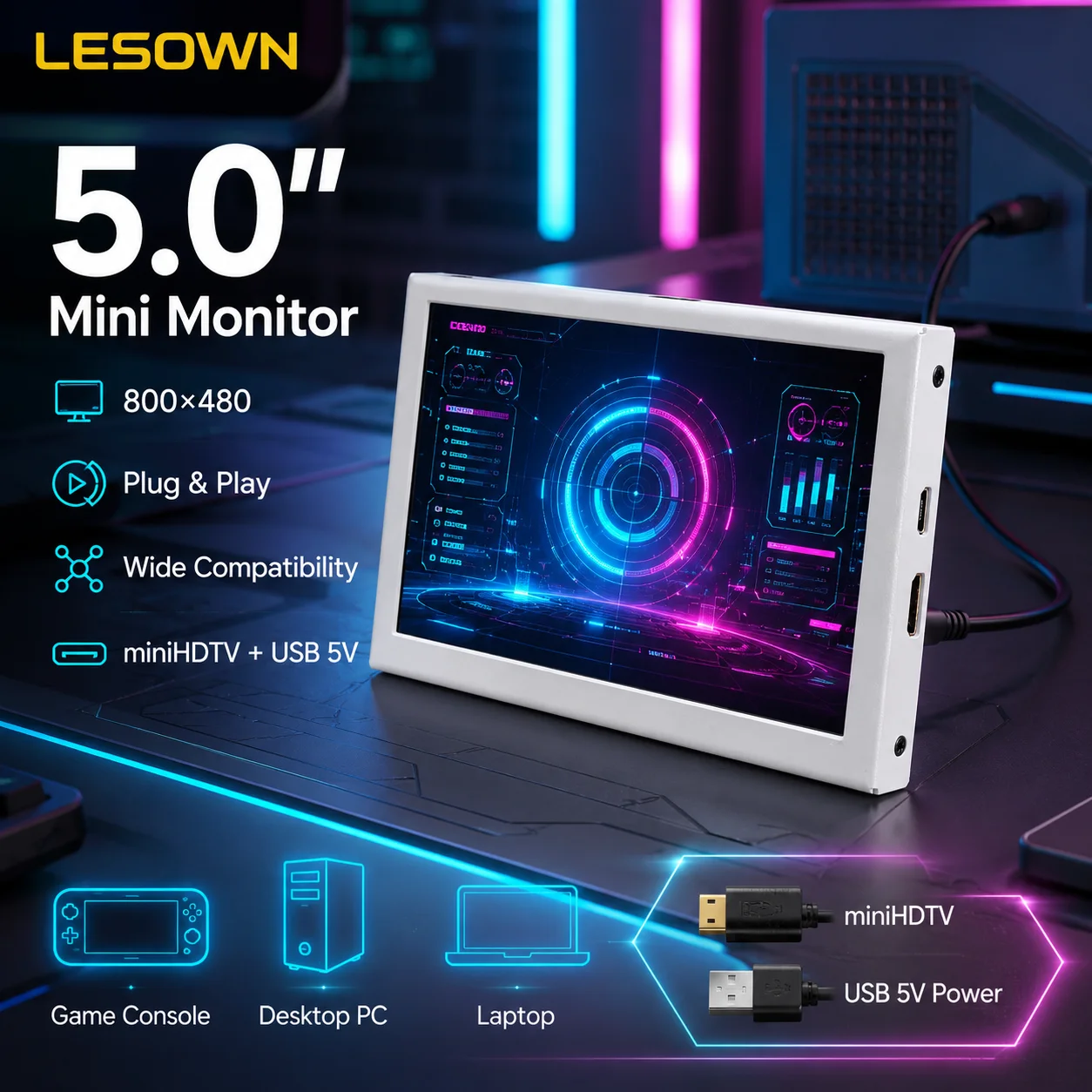 LESOWN 5.0" Plug and Play White Alloy AIDA64 PC Sub-display No Driver miniHDTV External Monitor