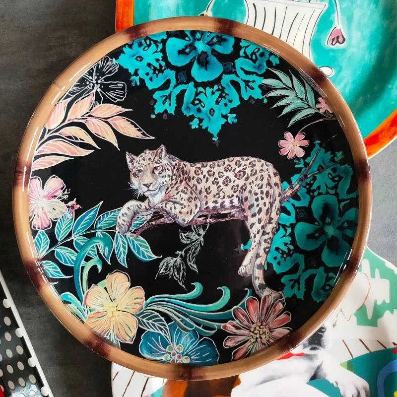 

American Exotic Jungle Leopard Ceramic Binaural Long Platter American Retro Dinner Plate Long Platter Fruit Tray Tray Pratos