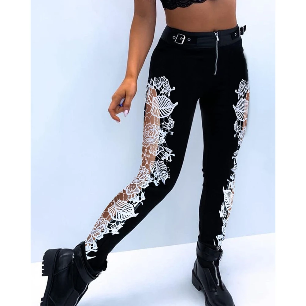 2023 Frauen hohe Taille Öse Schnalle Spitze Patch Reiß verschluss Design Hosen Mode Femme lässig schwarzen Bleistift lange Hose Herbst Dame