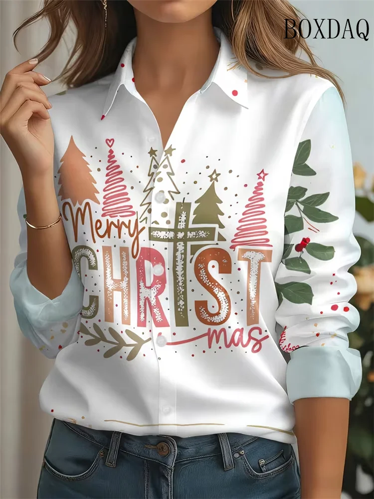 2026 New Merry Christmas Tree Printed Shirts Festive Xmas Women Clothing Funny Streetwear Holiday Casual Long Sleeve Blouse Tops
