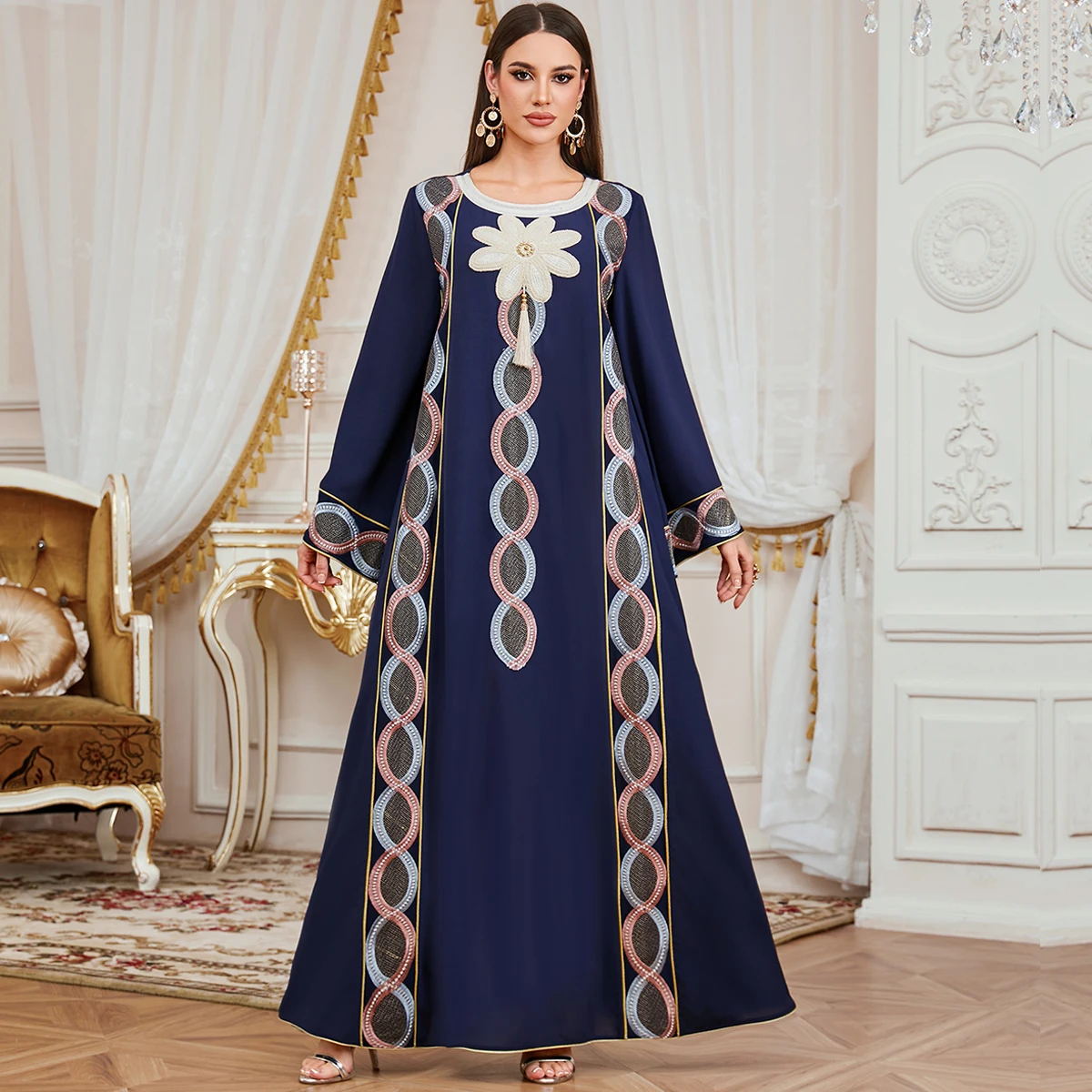 

UNI 2026 Muslim Women's Embroidery Abaya Islamic Clothing EID Ramadan Dress Closed Tassel Robe Jalabiya