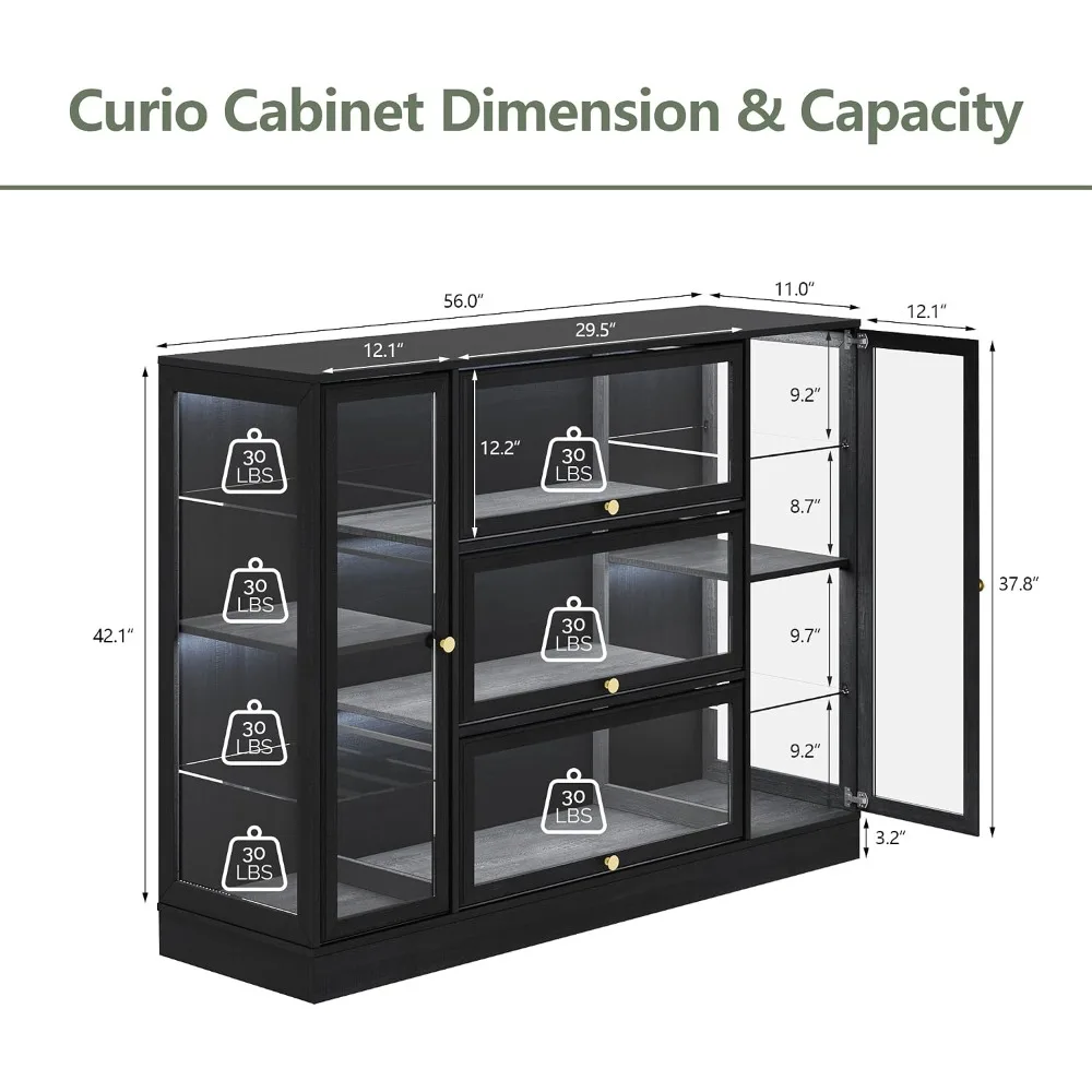 Extra Wide Curio Display Cabinet with Acrylic Glass Doors and LED Lighting for Collectibles, Black