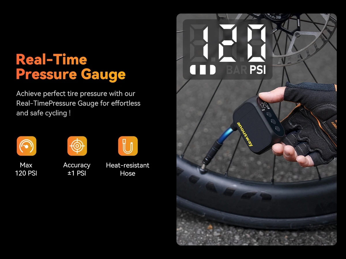 anoutway AT1 Pro Mini-Elektropumpe für Fahrräder, kabelloser Reifenfüller mit Bildschirm, 25 Minuten Schnellladung, 120 PSI, max. 450 mAh Akku – Detail 3