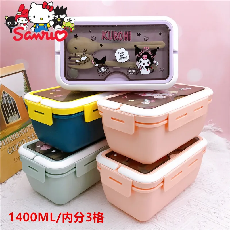 MINISO Melody Kuromi Hello Kitty Cinnamoroll Pochacco Three-compartment Lunch Box Portable Bento Box Lunch Box with Cutlery