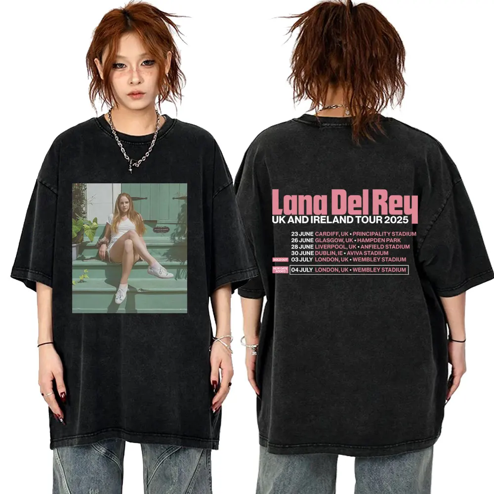 

Lana Del Rey UK and Ireland Tour 2025 Vintage Washed T Shirt Men Women Fashion Pop Music T-shirts Unisex Casual Short Sleeve Tee