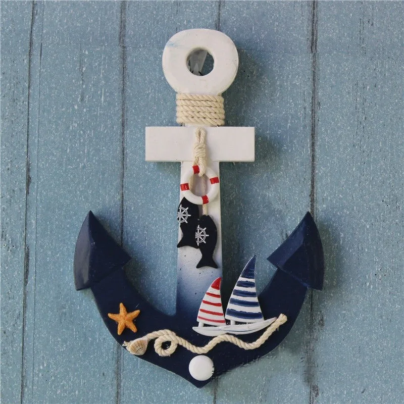 Mediterranean Style Wooden Wall Hooks Anchors Star Fish Decor Living Room Wall Hanging Decoration Nautical Decor