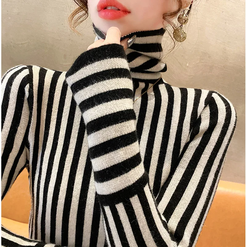 

Autumn Winter Fashion Striped Turtleneck Sweaters Comfortable Soft Wool Slim Knitwear Top Women Clothing Vintage Casual Sweaters