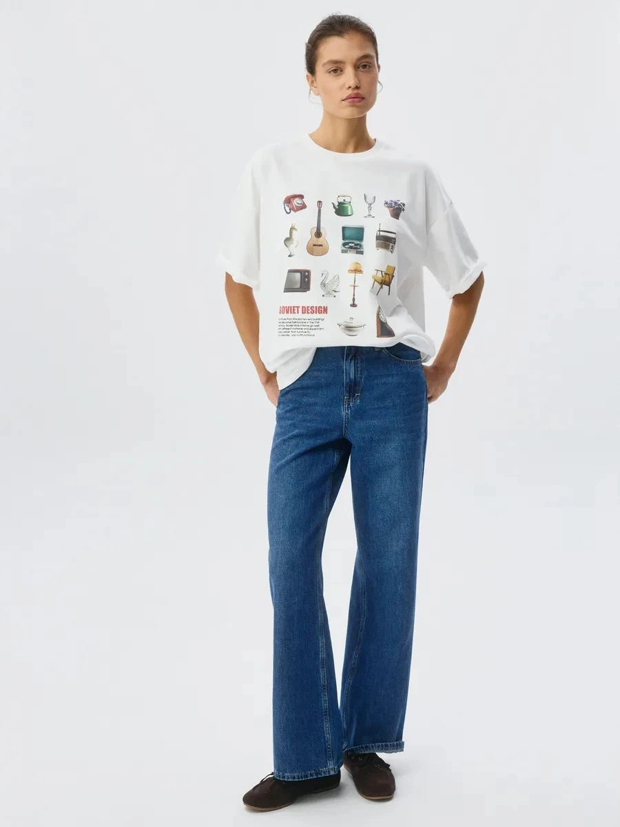 T-shirt imprimé ample, décontracté et tendance, en coton, haut pour femme, col rond, absorbant la transpiration, nouvelle arrivée estivale