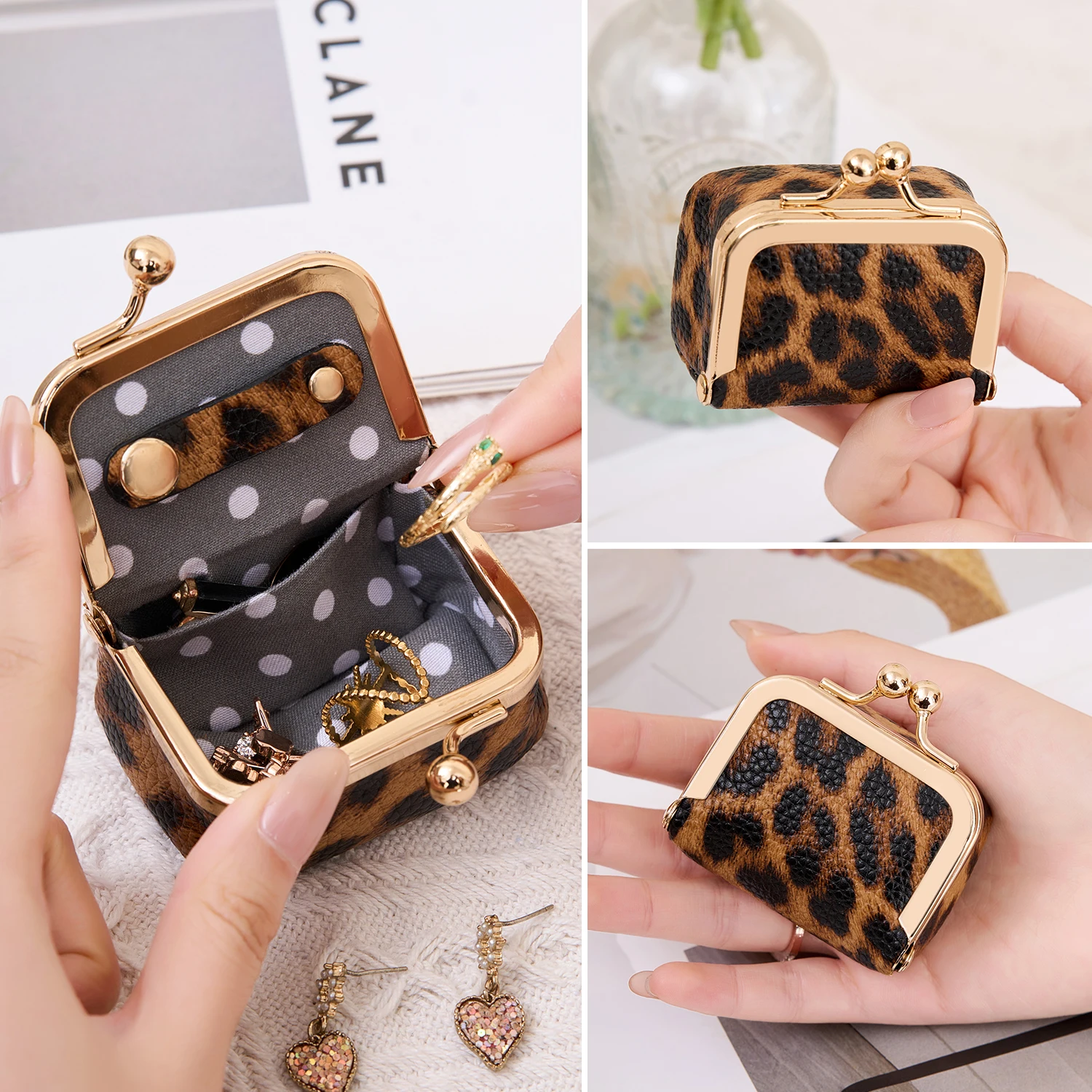 New Women's Solid Color Imitation PU Leather Jewelry Box, Ring, Necklace, Earring Storage Box, Mini Coin Wallet with Kiss Lock