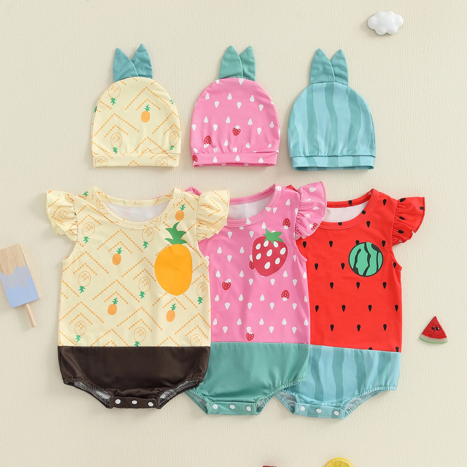 

SUNSIOM 0-18 Months Baby Girl Summer Outfits Fly Sleeve Round Neck Romper with Hat Set Infant Fruit Costume