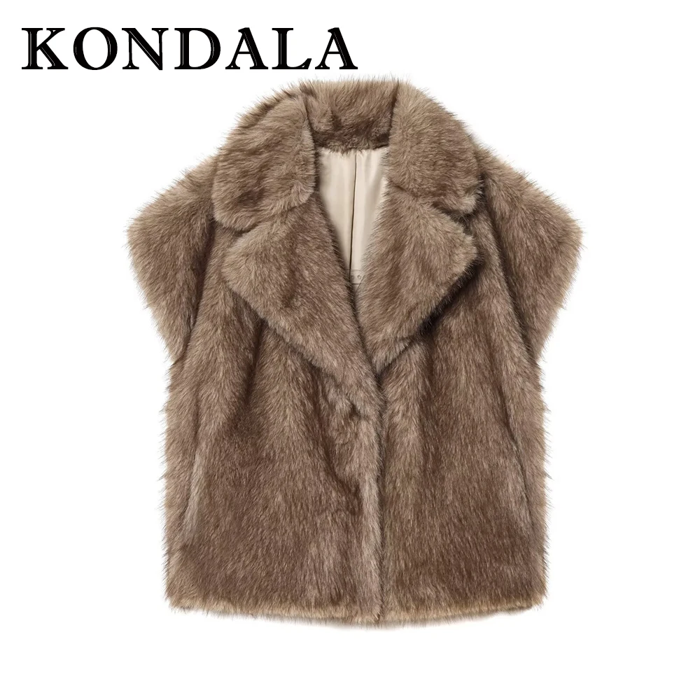 KONDALA Chic Faux Fur Fashion 2025 Vintage Winter Women Vest Streetwear Sleeveless Single Breasted Jacket Modern Casual Outwear