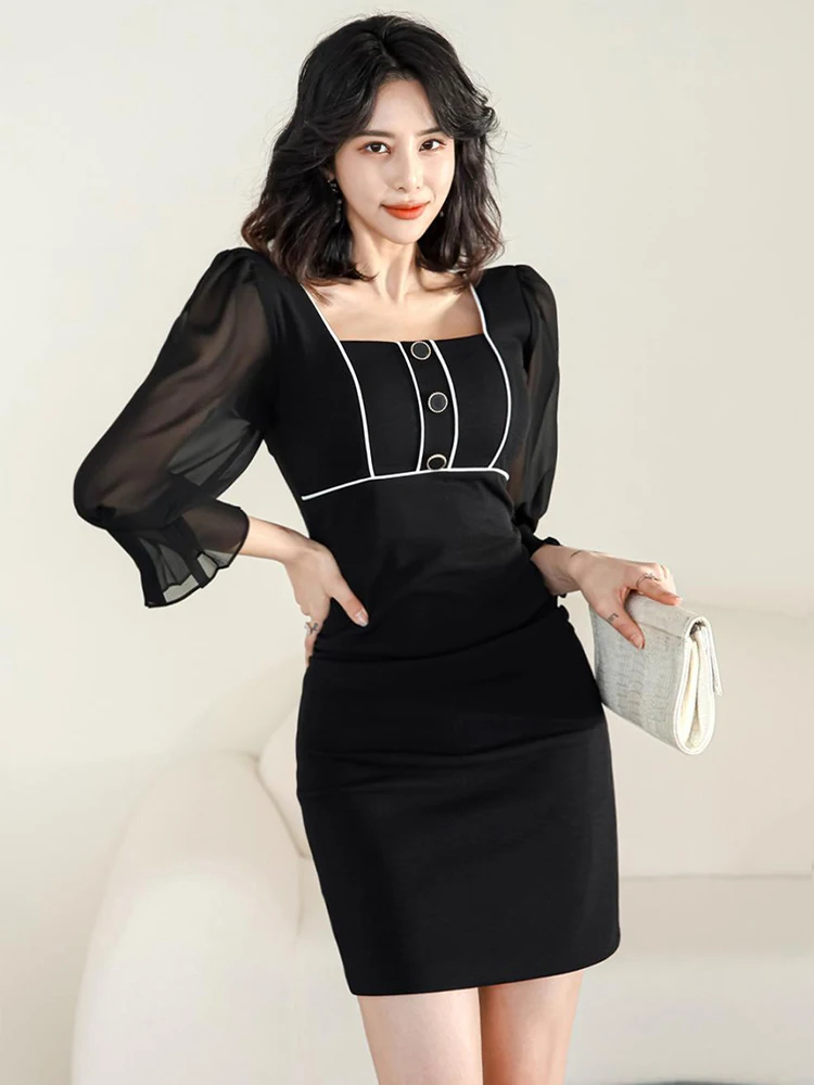 

New Korean Summer Elegant Women Short Dress Formal Retro Sexy Flare Sleeve Slim Mini Dresses Party Street Clothes Mujer Vestidos