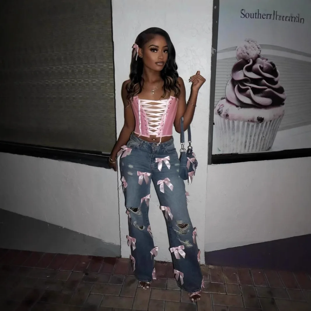 

Denim Pant Women Jeans Wide Leg Long Pants Hole Bow High Waist Straight Trousers Y2k Streetwear Elegant Splice Work Casual
