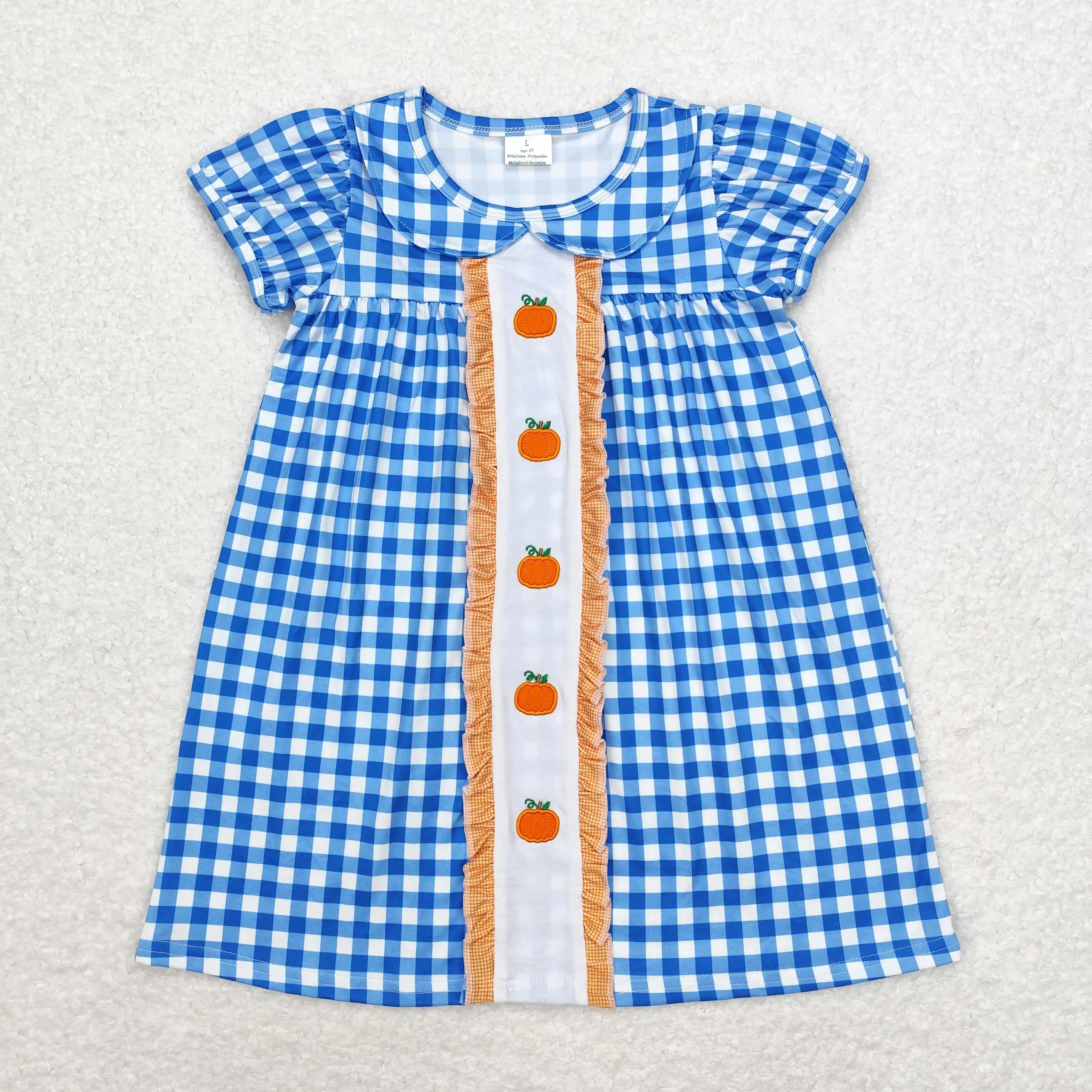 GSD1412 Fashionable Kids Dress For Girls Short Sleeve Embroidered Pumpkin Blue Plaid Doll Print With Dress  Children Clothes Rts