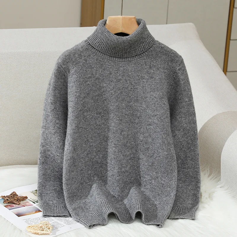 boys Sweater Winter Childrens 100% wool Thickened warm clothing pullover Sweater Solid color high neck cashmere bottom Sweater