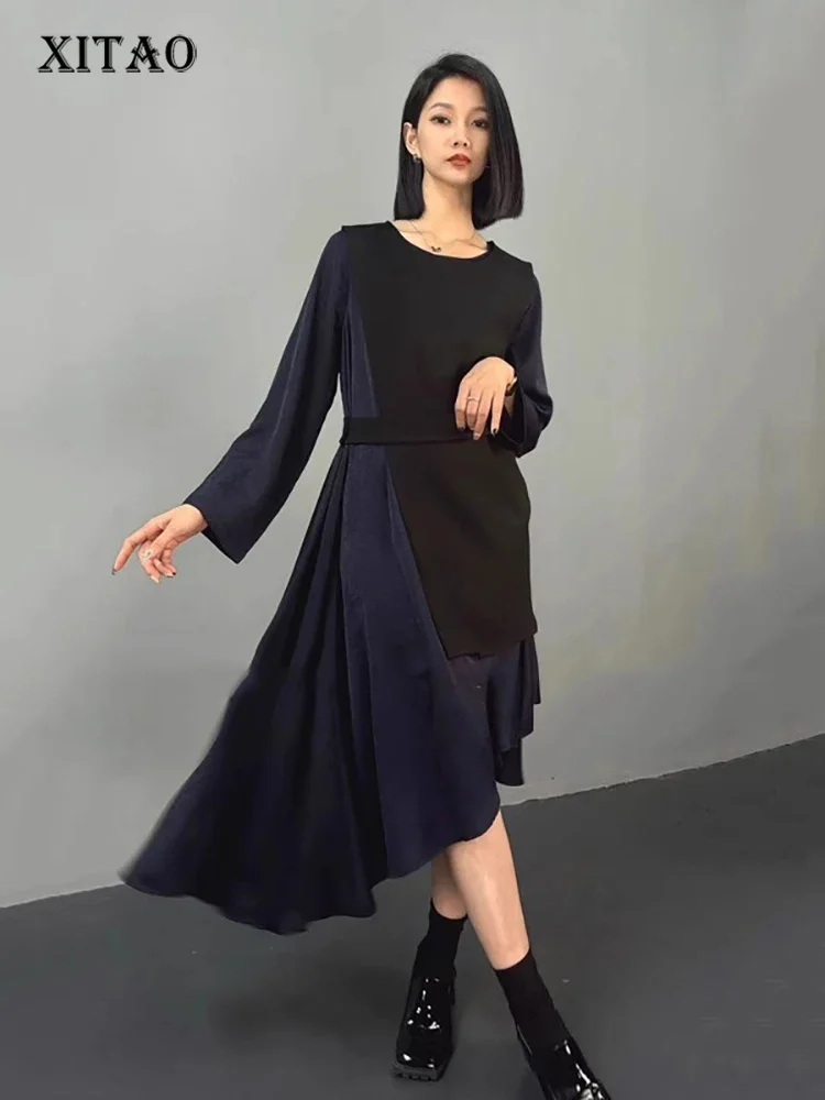 

XITAO Contrast Color Patchwork Asymmetrical Dresses O-neck Long Sleeve Pullover Fashion Temperament New 2025 Spring HJF86619