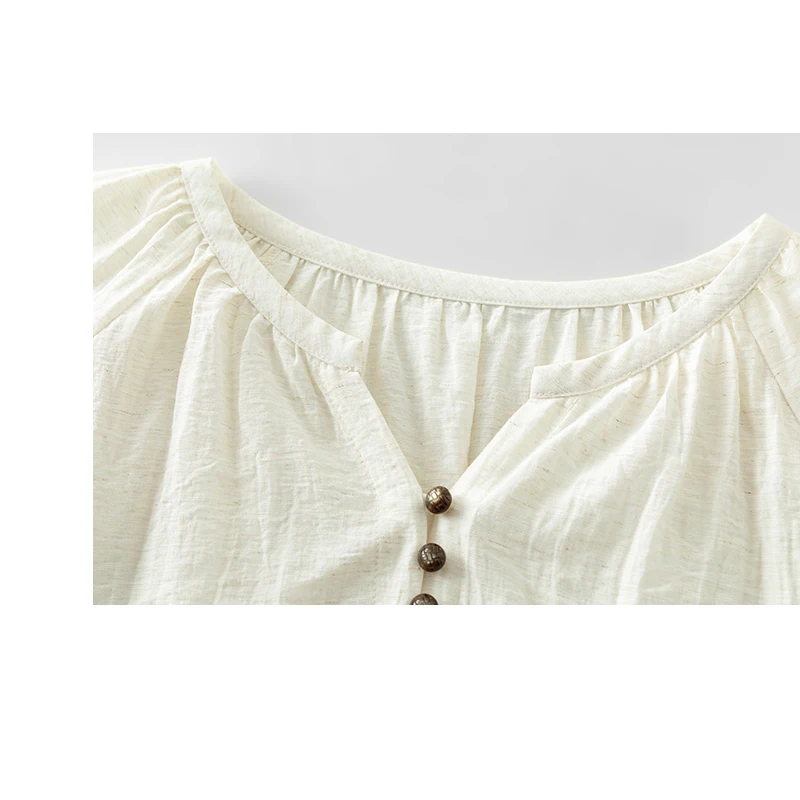 Fengbaoyu Natural Linen Ladies Shirt - Three-quarter Sleeve V-Neck Top - Elegant and Chic French Casual Shirt - Comfortable