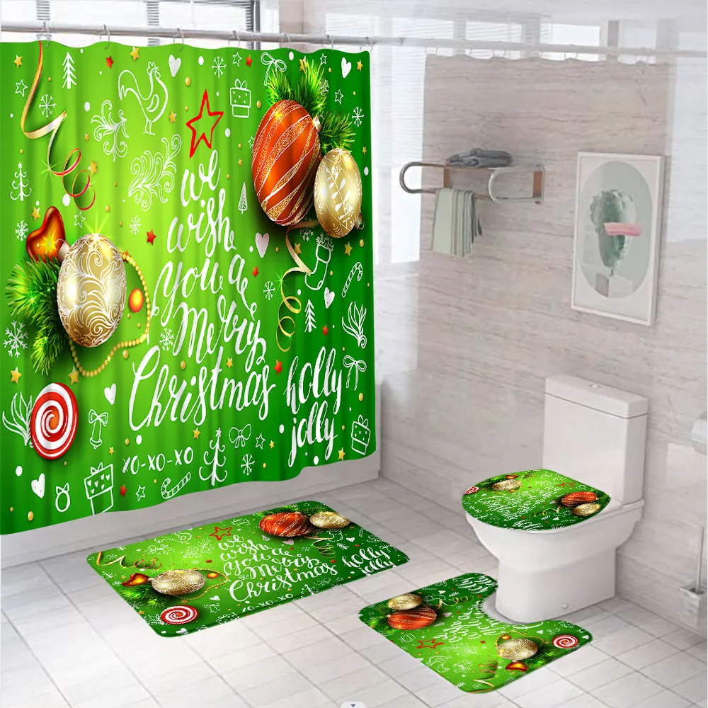 Merry Christmas Bathroom Set Shower Curtain Rugs Accessories Xmas Ball Happy New Year Letter Screen Winter Holiday Bath Mat Home